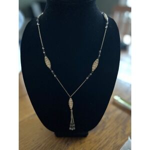 SEASONAL WHISPERS PAVE NECKLACE Long Gold Crystals Gray Beads